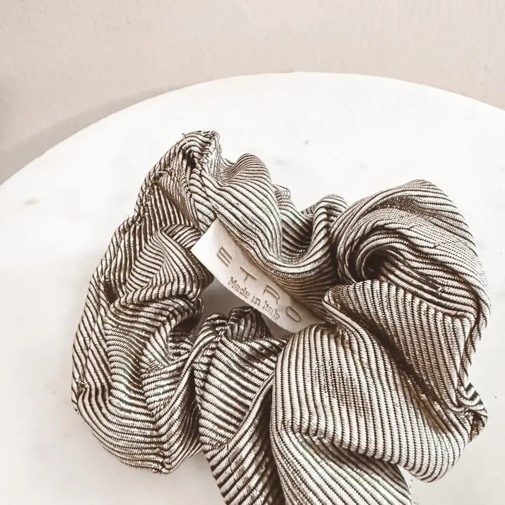 Metallic Silver Ribbed Hair Scrunchie Made In Italy